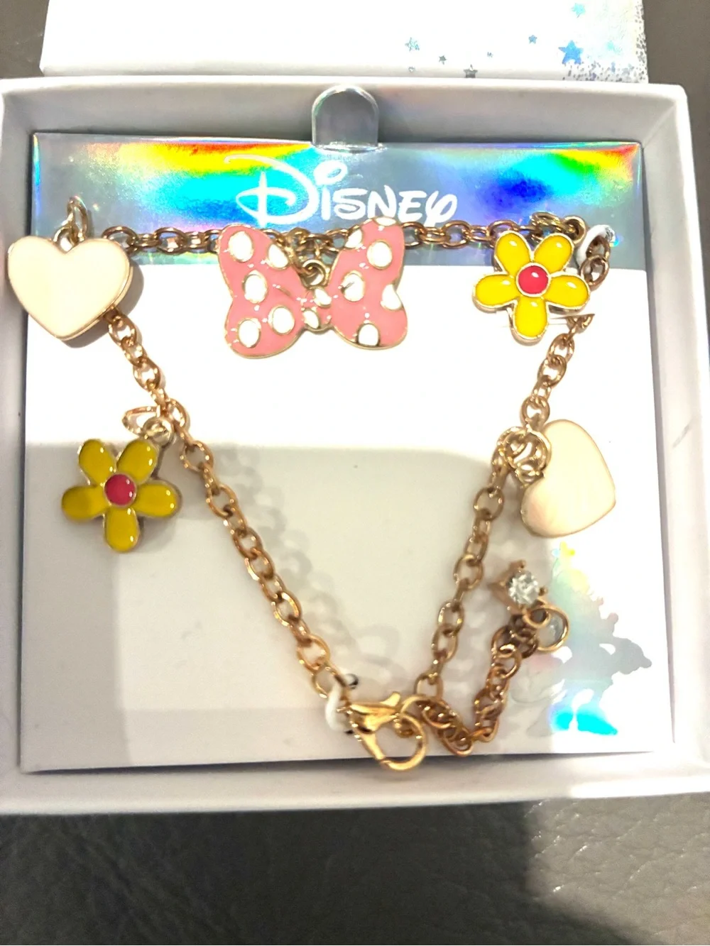 New Disney Minnie Mouse Charm Bracelet Jewelry Bow Pink Heart Birthday Gift Box